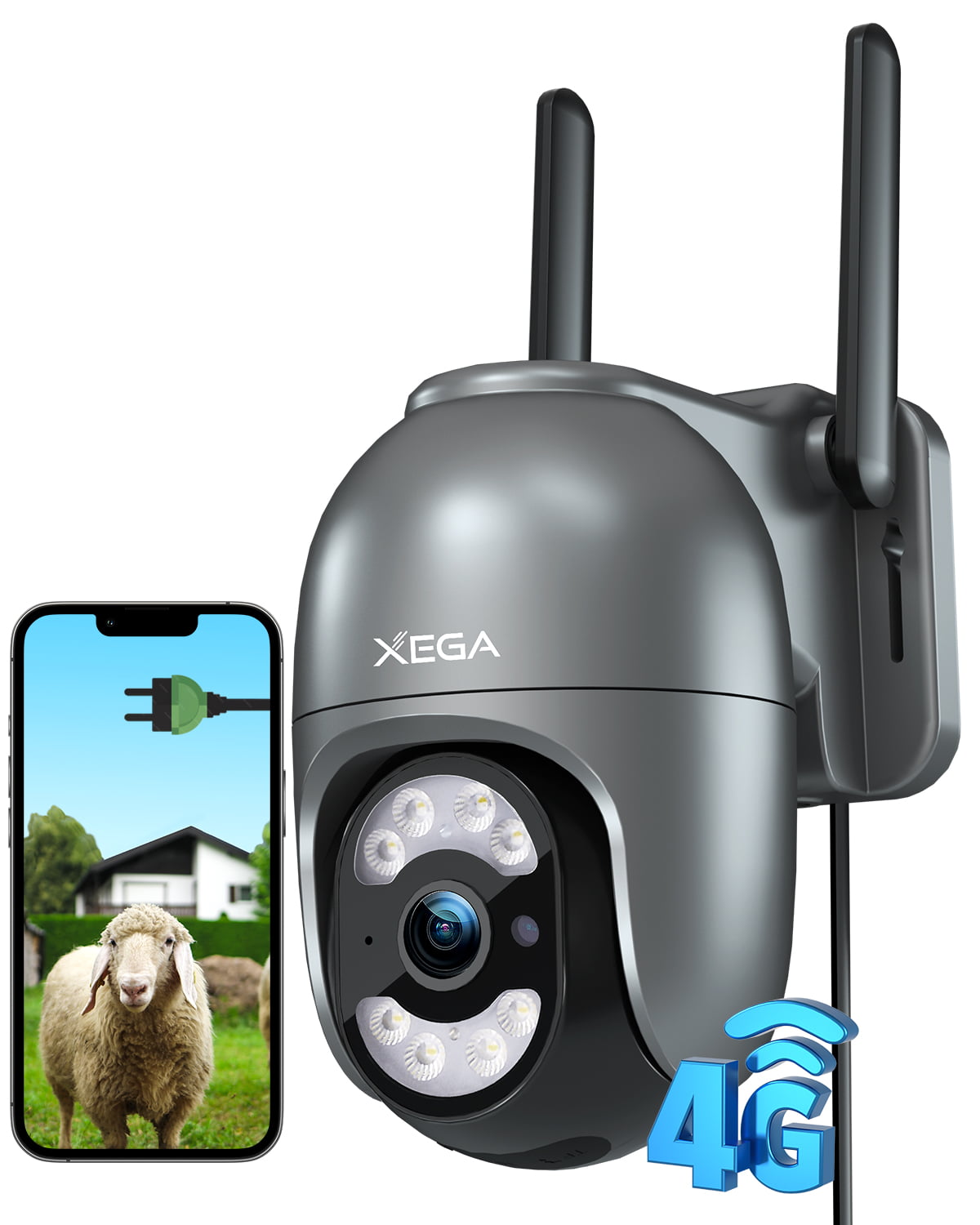 Xega XG-12 4G LTE Überwachungskamera: 2K, SIM Karte, Außenbereich, mit Schaf auf dem Smartphone Display, graues Gehäuse.