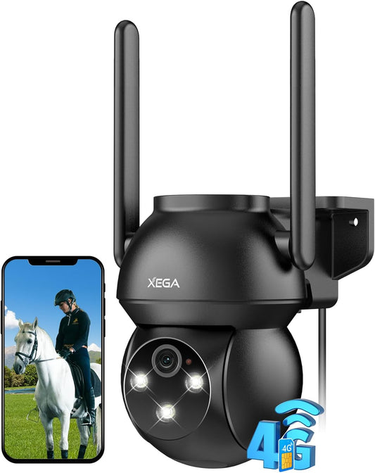 Xega 4G outdoor camera 2K HD PTZ, features color night vision and human detection. Shown with smartphone.