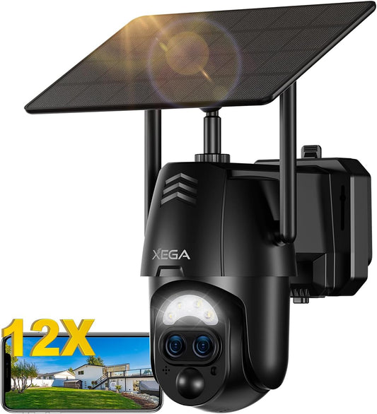 Xega 2K WIFI outdoor solar security camera with dual lens and 12x hybrid zoom, showing clear details.