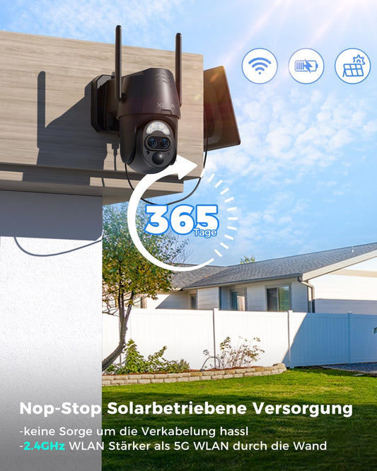 Xega 2K Solar Überwachungskamera mit 365 Tage Stromversorgung, Dual Objektiv und 2.4GHz WLAN.