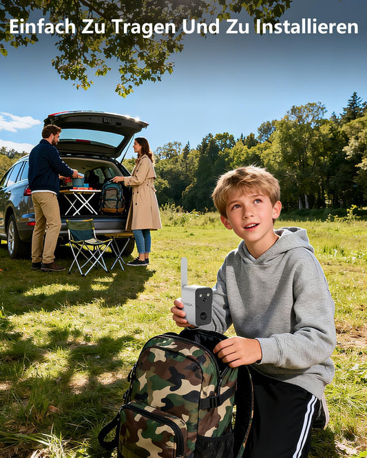 Xega 4G wireless camera, portable and easy to use, held by a boy outdoors near a car.