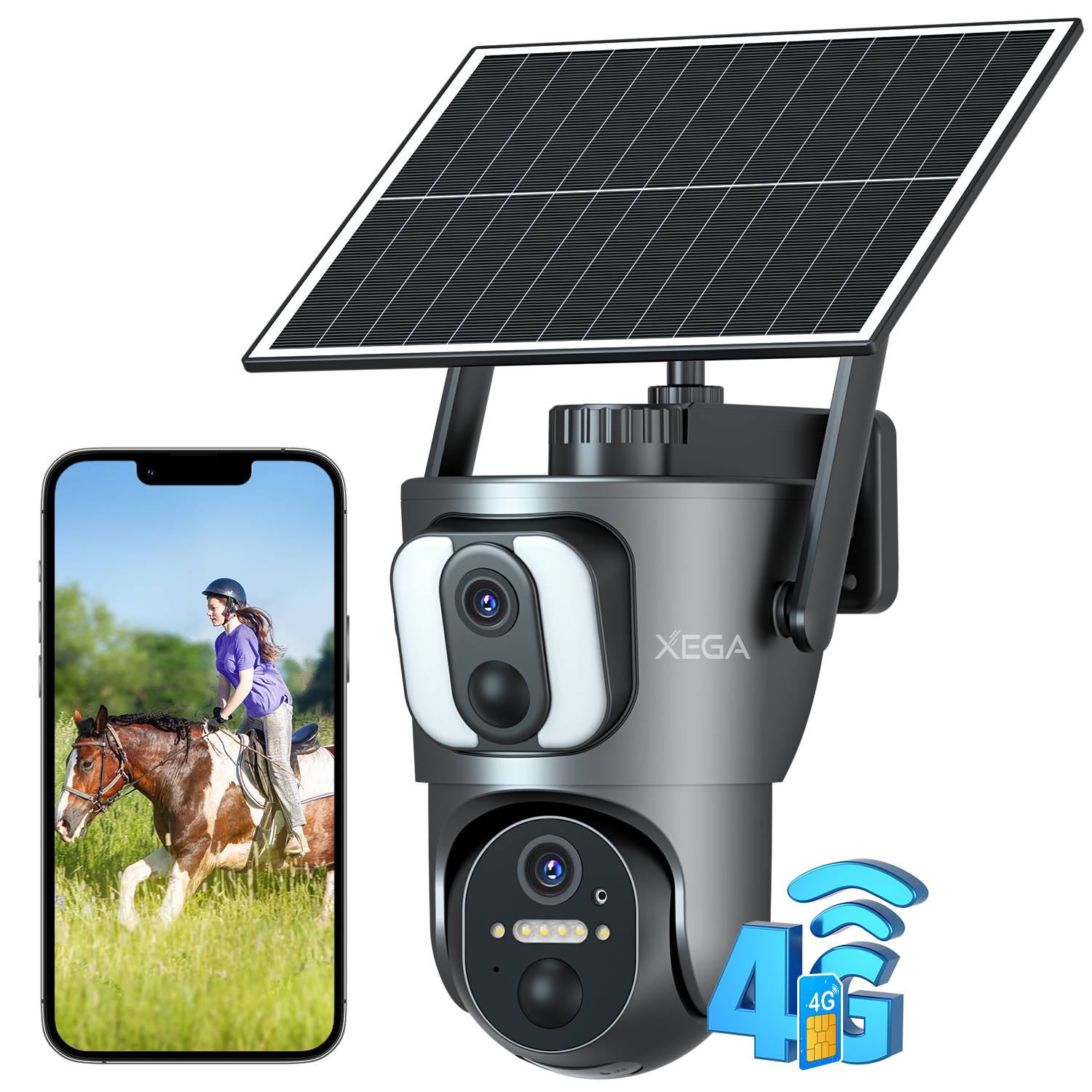 Xega XG-08 4G LTE Solar-Überwachungskamera mit Reiterin-Anzeige auf dem Telefon, 2K PTZ, Personenanerkennung