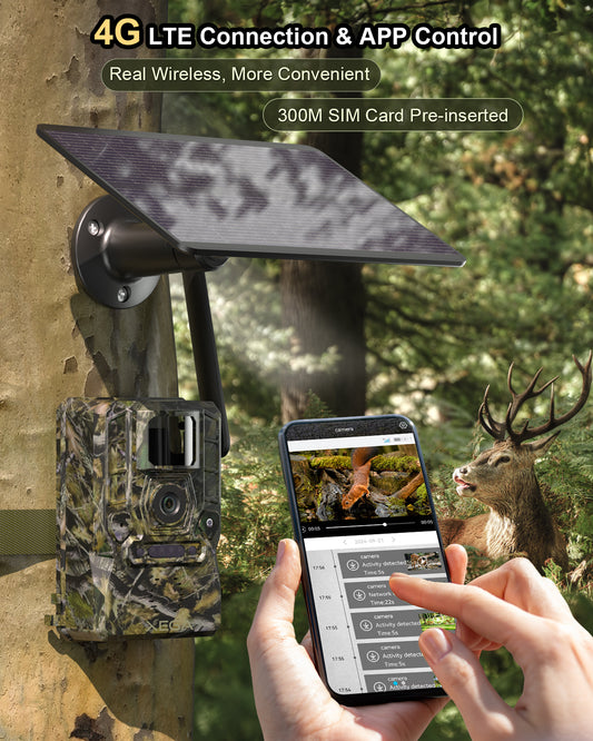 Xega 4G LTE trail camera with solar panel, controlled via smartphone app showing wildlife footage. Features 2K HD, 7800mAh battery, night vision.