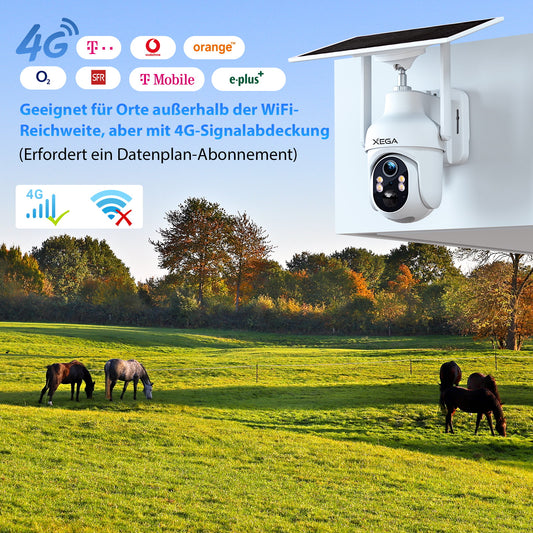 Xega 4G outdoor surveillance camera with solar panel, suitable for locations without WiFi but with 4G signal.