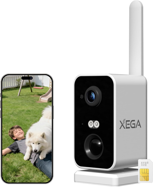 Xega 4G Überwachungskamera mit SIM Karte, akku 10000mAh,PIR Bewegungserkennung,3MP Farbe Nachtsicht,2-Wege Audio,Sirene Alarm,180°Schwenkbereich.