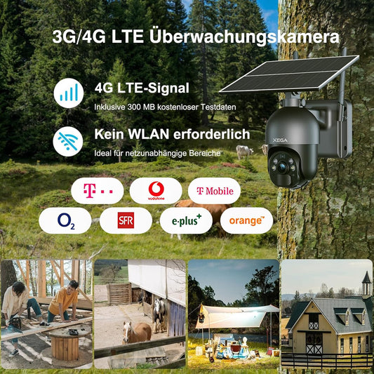 Xega 4G LTE Solar-Kamera am Baum. Zeigt 4G-Funktion ohne WLAN und Einsatz für Bau, Stall, Camping, Haus.