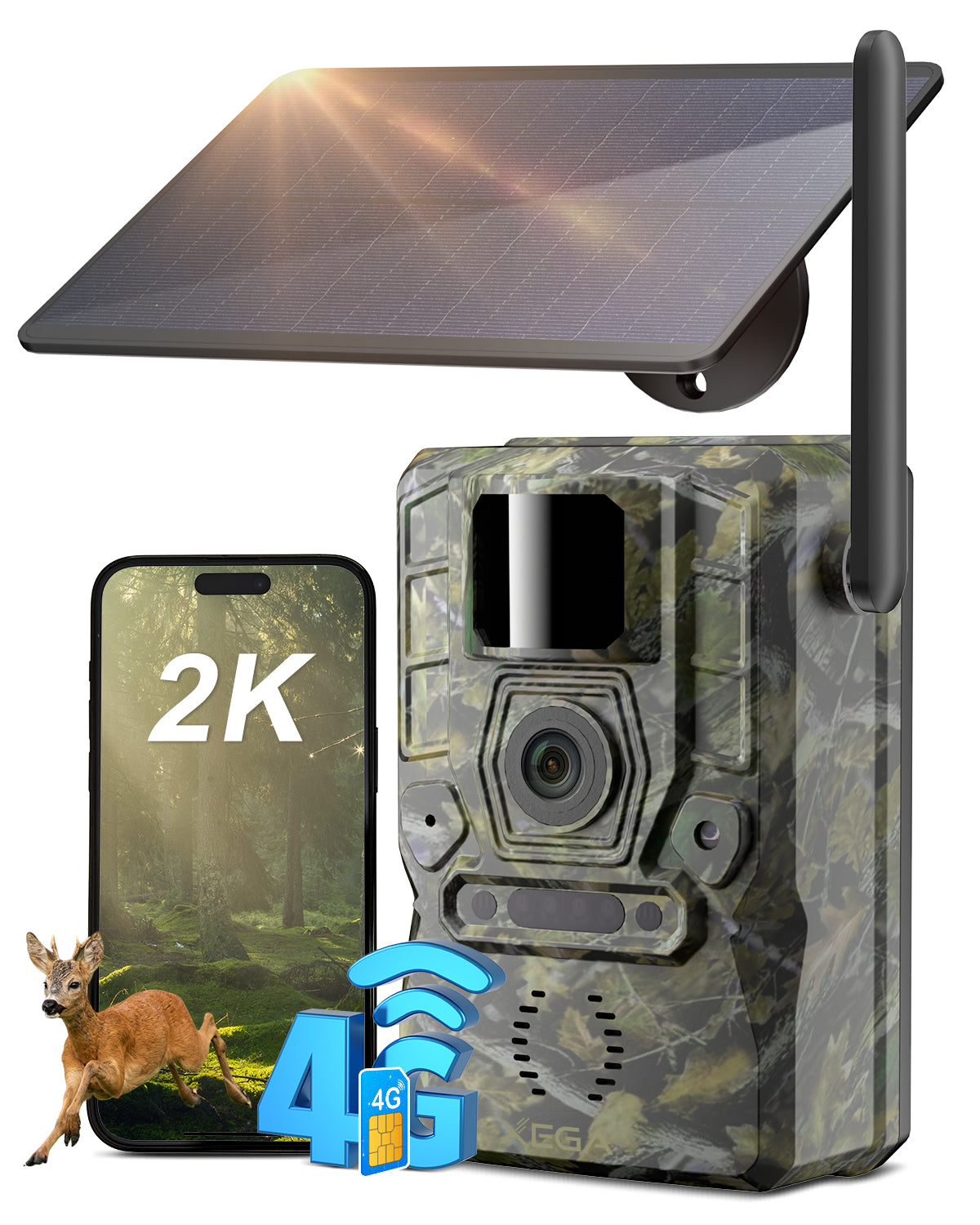 Xega XG-11 4G LTE Wildkamera mit 2K, Solarpanel und SIM-Karte für zuverlässige Überwachung in freier Natur
