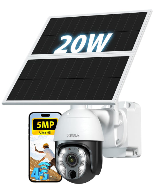 Xega 5MP【10X Optischer Zoom】4G LTE Überwachungskamera Aussen mit SIM Kart 24/7 Aufnahme 20W Solarpanel 30,000mAh Akku PTZ Kamera ohne WLAN Personenerkennung 100ft Farbnachtsicht IP65