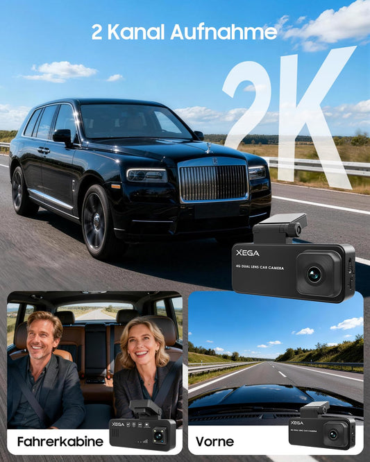 XEGA 2K 4G LTE Dashcam Auto Vorne Hinten mit SIM Karte, Dashcam mit Parküberwachung, App-Zugriff, 2-Wege Talk, Bewegungserkennung, Nachtsicht, GPS, Privater Modus.