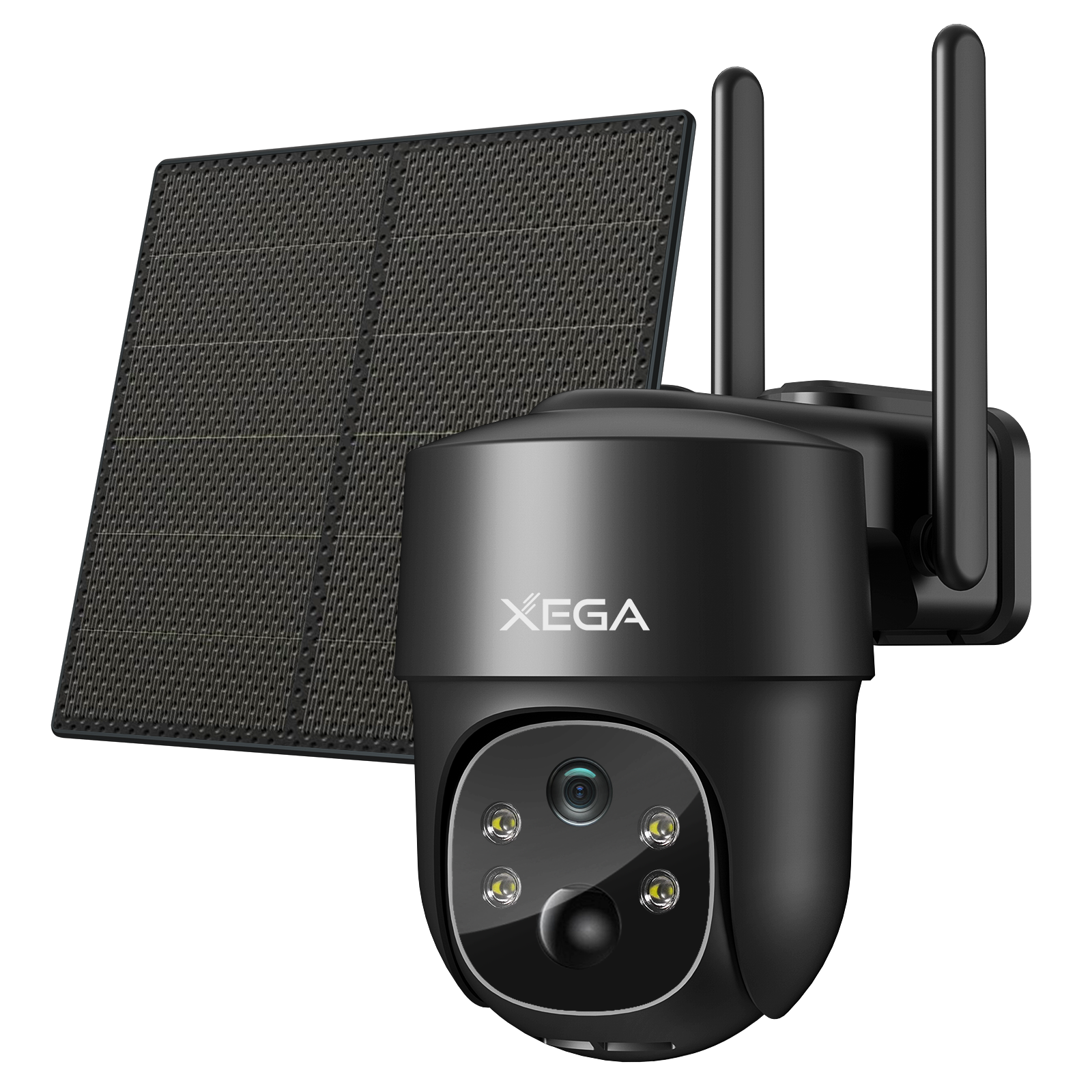 Xega XG-02 4G LTE Überwachungskamera, schwarz, mit Solarpanel und Antennen, ideal für den Außenbereich