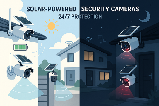 Vergleich von Werbeillustrationen für Solar-Sicherheitskameras im Tag- und Nachtbetrieb