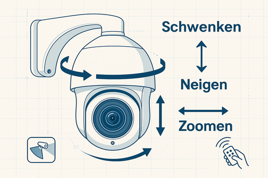 Schematische Darstellung der Funktionen einer weißen kugelförmigen Überwachungskamera, gekennzeichnet mit Dreh-, Neigungs- und Zoomoperationen.