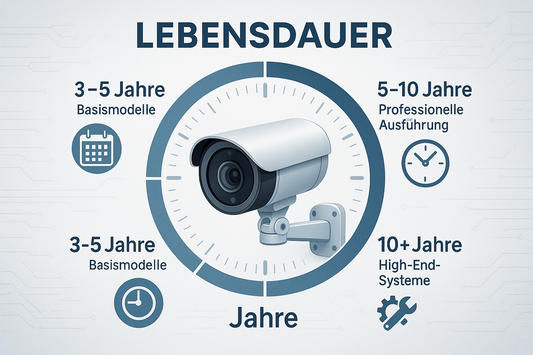 Überwachungskamera Lebensdauer Klassifizierungsdiagramm: Basismodell 3-5 Jahre, Professionelles Modell 5-10 Jahre, Hochwertiges Modell über 10 Jahre