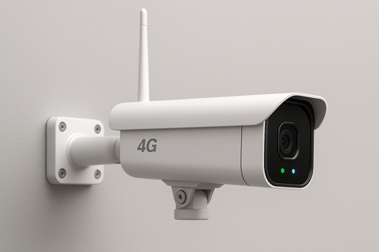 Installationsdiagramm einer weißen 4G-Überwachungskamera mit Antenne und Statusanzeige