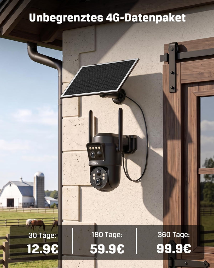 Xega 4G LTE Doppelte Linse Überwachungskamera Solar Ohne WLAN mit SIM-Karte.