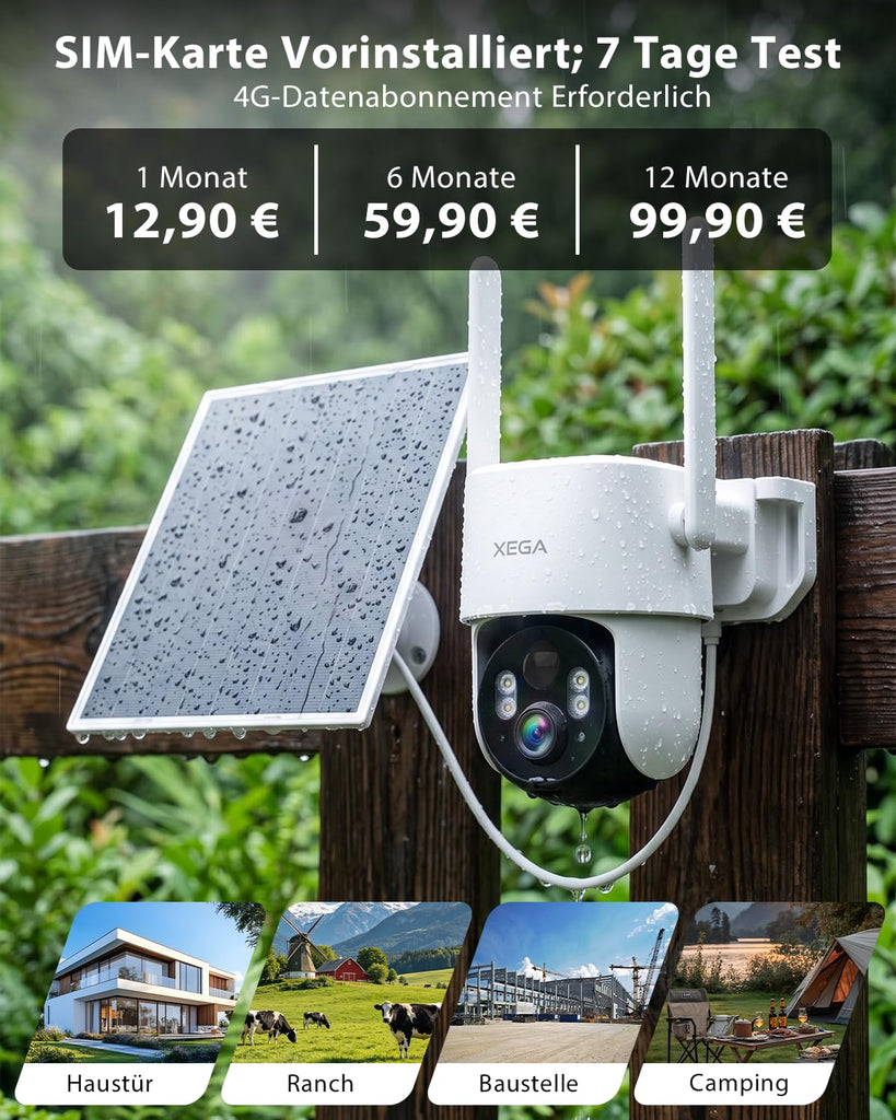 Xega 24/7 AOV 4G LTE Überwachungskamera Aussen Solar & Akku mit SIM Karte.