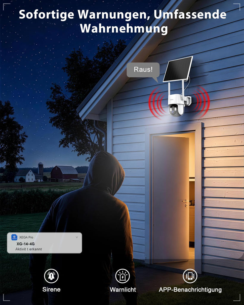 Xega 24/7 AOV 4G LTE Überwachungskamera Aussen Solar & Akku mit SIM Karte.