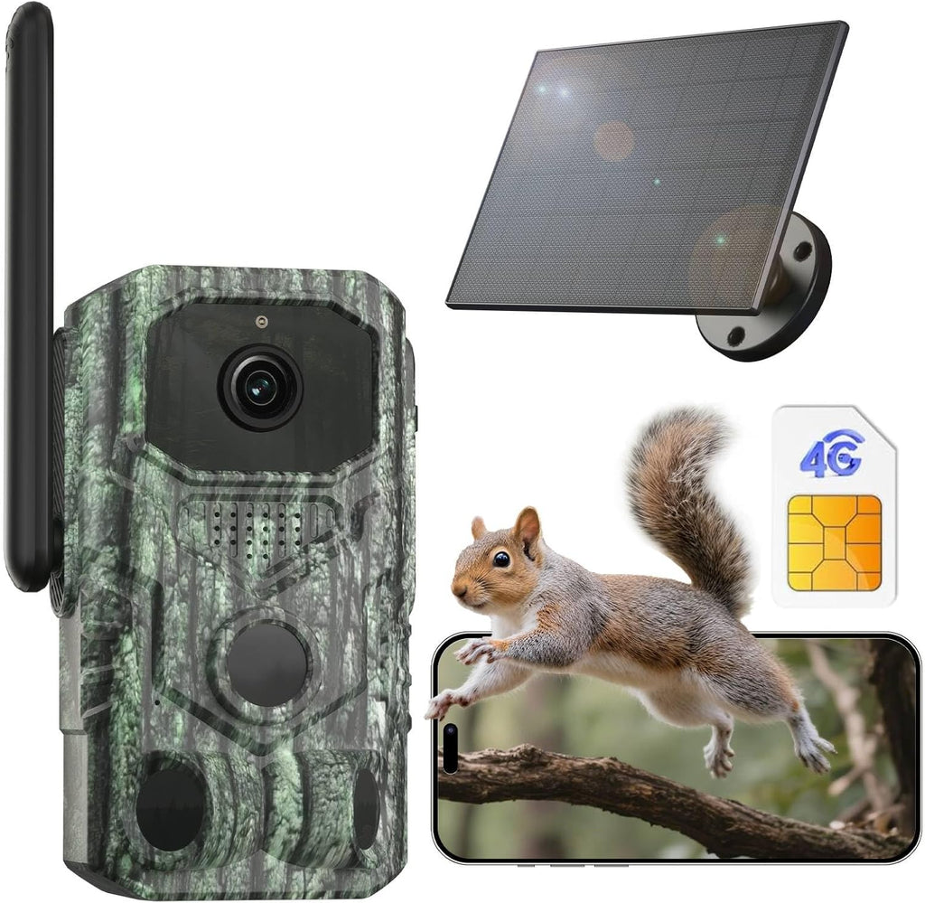 Xega 4G LTE trail camera with solar panel, SIM card, and smartphone showing squirrel