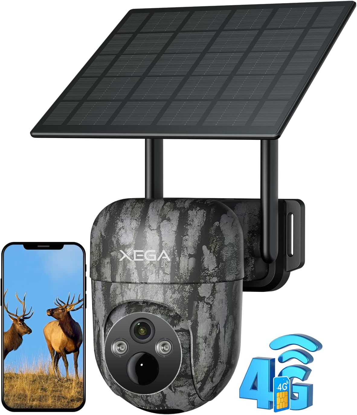 Xega 4G Solar Wildkamera (Tarnmuster) mit Panel. Smartphone zeigt Rehe, 4G/SIM-Icons: kabellose Wildtier-Fernüberwachung.