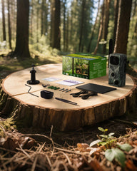 Xega 4G LTE trail camera with accessories and packaging on a forest tree stump.