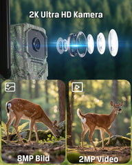 Xega 4G LTE trail camera: 2K Ultra HD, 8MP photo, 2MP video, 3 PIR detection. App-controlled.