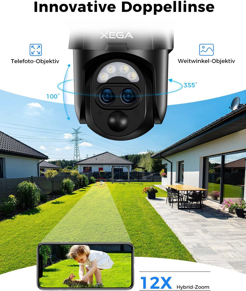 Xega 2K WIFI Solar Überwachungskamera mit Dual Objektiv und 12x Hybrid Zoom, Außenbereich Sicherheit