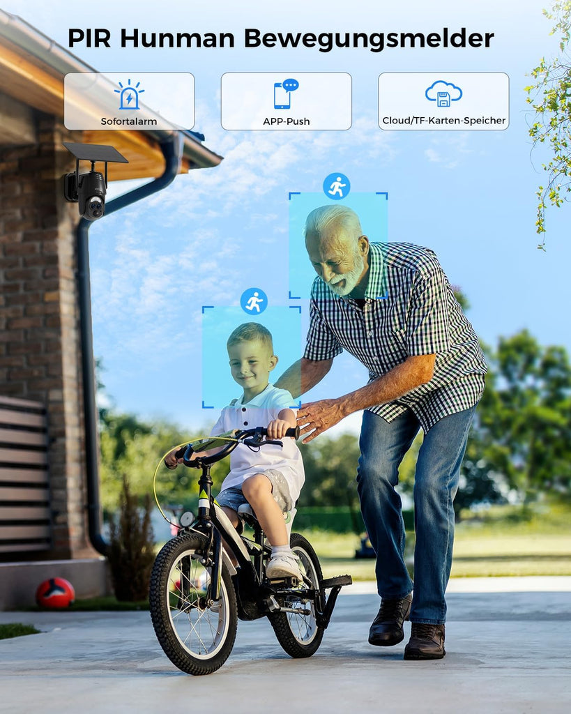 Xega 2K WIFI Solar Überwachungskamera: Kind auf dem Fahrrad, Bewegungserkennung, Sofortalarm, APP-Push und Cloud-Speicherung