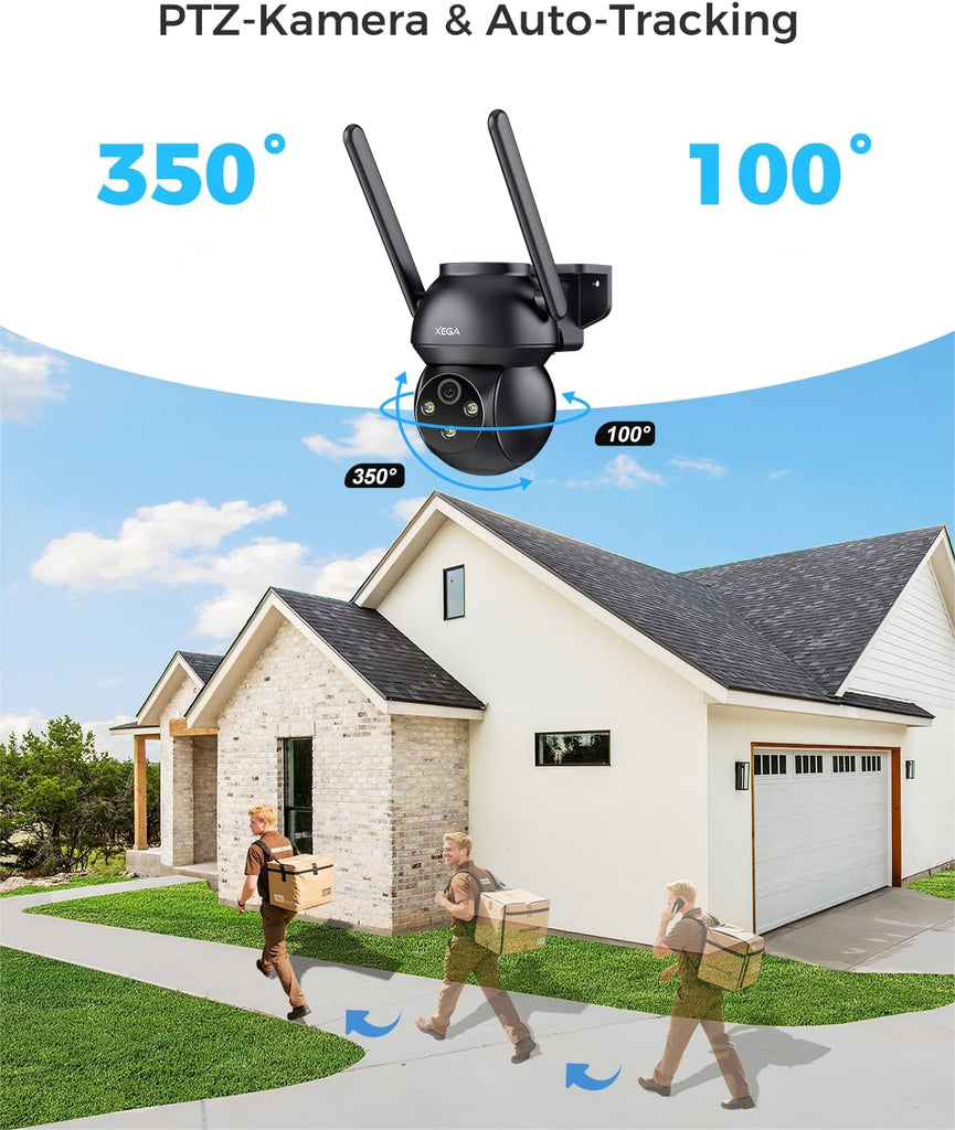 Xega Caméra 4G Extérieure 2K HD – PTZ, Vision Nocturne Colorée, Détection Humaine, Audio Bidirectionnel, IP66
