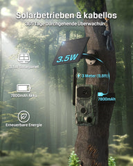 Xega 4G LTE trail camera with 3.5W solar panel, 7800mAh battery, and 3-meter cable, camouflaged for outdoor surveillance.