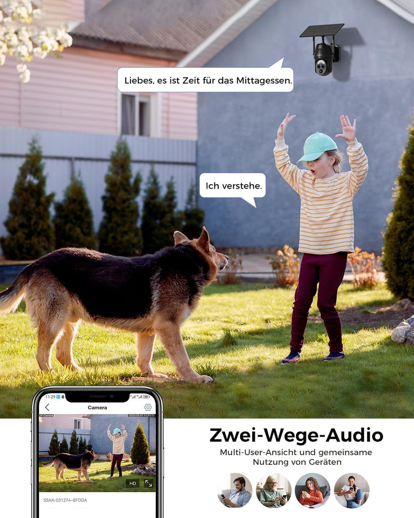Xega 2K WIFI Solar Überwachungskamera im Garten: Zwei-Wege-Audio, Kind und Hund, Sicherheit durch Fernüberwachung.