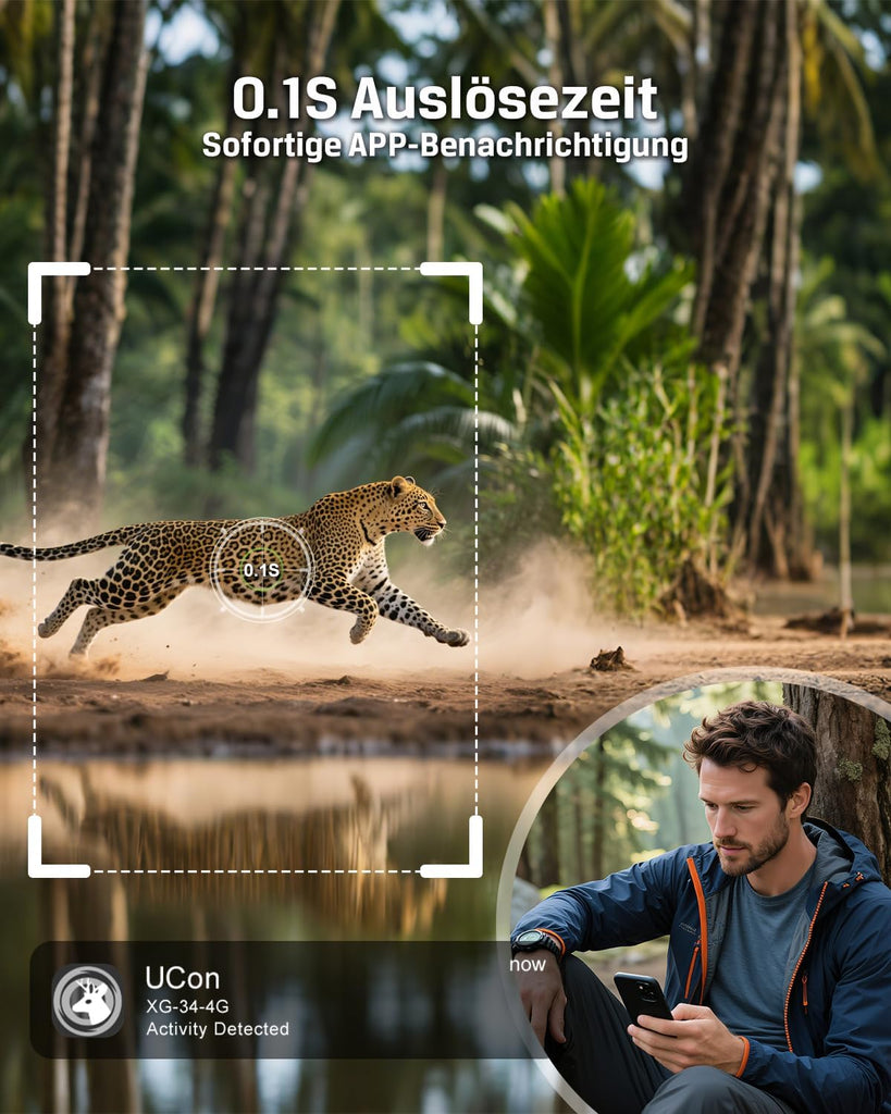 Xega 4G LTE trail camera captures a running leopard with 0.1S trigger time and app notification. Man uses phone.