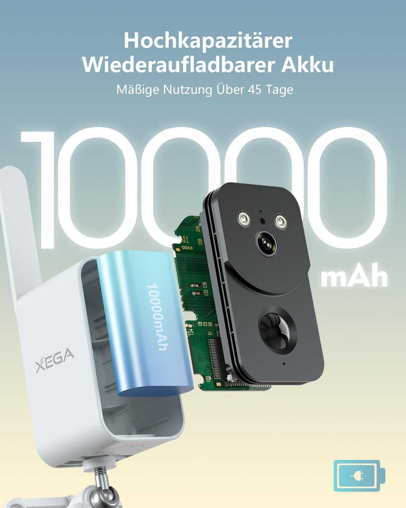 Xega 4G WLAN Überwachungskamera mit SIM-Karte und 10000mAh Akku – Kabellos & Tragbar