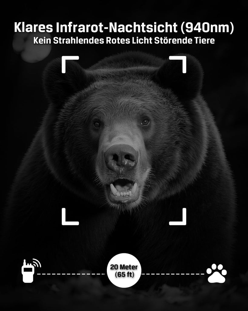 Xega 4G LTE trail camera featuring clear 940nm infrared night vision, no red glow, and 20-meter detection range.