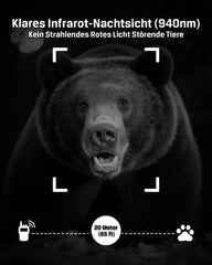 Xega 4G LTE trail camera featuring clear 940nm infrared night vision, no red glow, and 20-meter detection range.