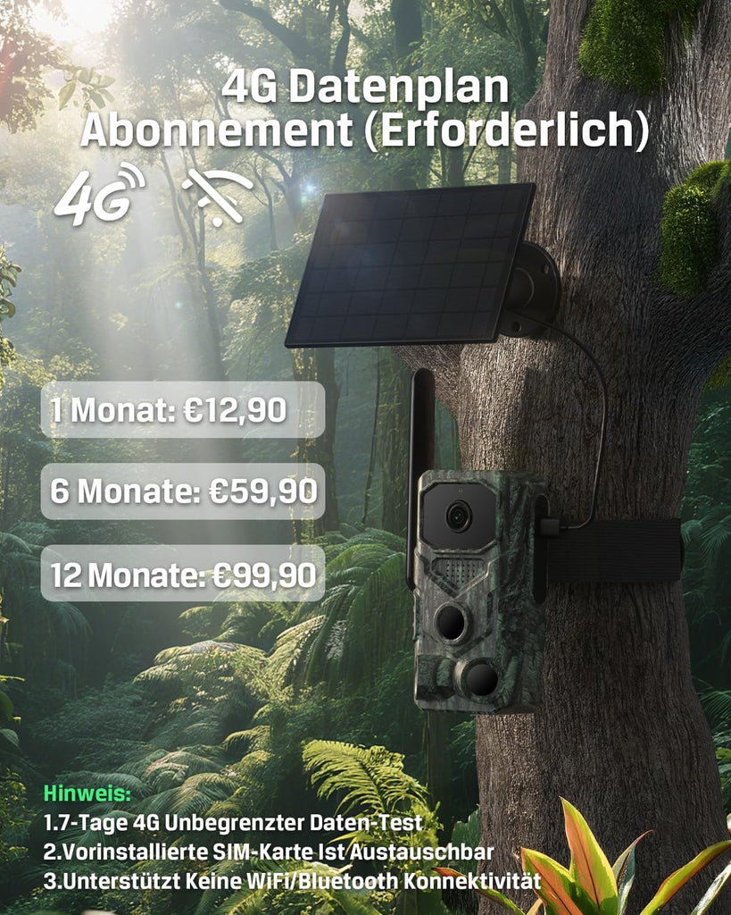 Xega 4G LTE trail camera with solar panel. Subscription plans: 1 month €12.90, 6 months €59.90, 12 months €99.90. Includes notes on data, SIM, and connectivity.