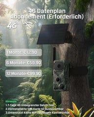 Xega 4G LTE trail camera with solar panel. Subscription plans: 1 month €12.90, 6 months €59.90, 12 months €99.90. Includes notes on data, SIM, and connectivity.