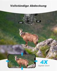Xega 4G LTE Wildkamera Solar Akku-2K HD Kabellos Außen PTZ mit 4-facher Digitalzoom,Farb-Nachtsicht