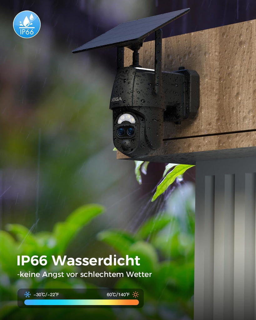 Xega 2K WIFI Solar Überwachungskamera, IP66 wasserdicht, Dual-Objektiv, Solarpanel, wetterfest
