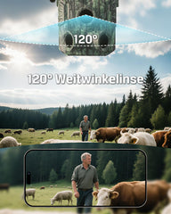 Xega 4G LTE trail camera with 120° wide-angle lens, showing farmer with cows and sheep.