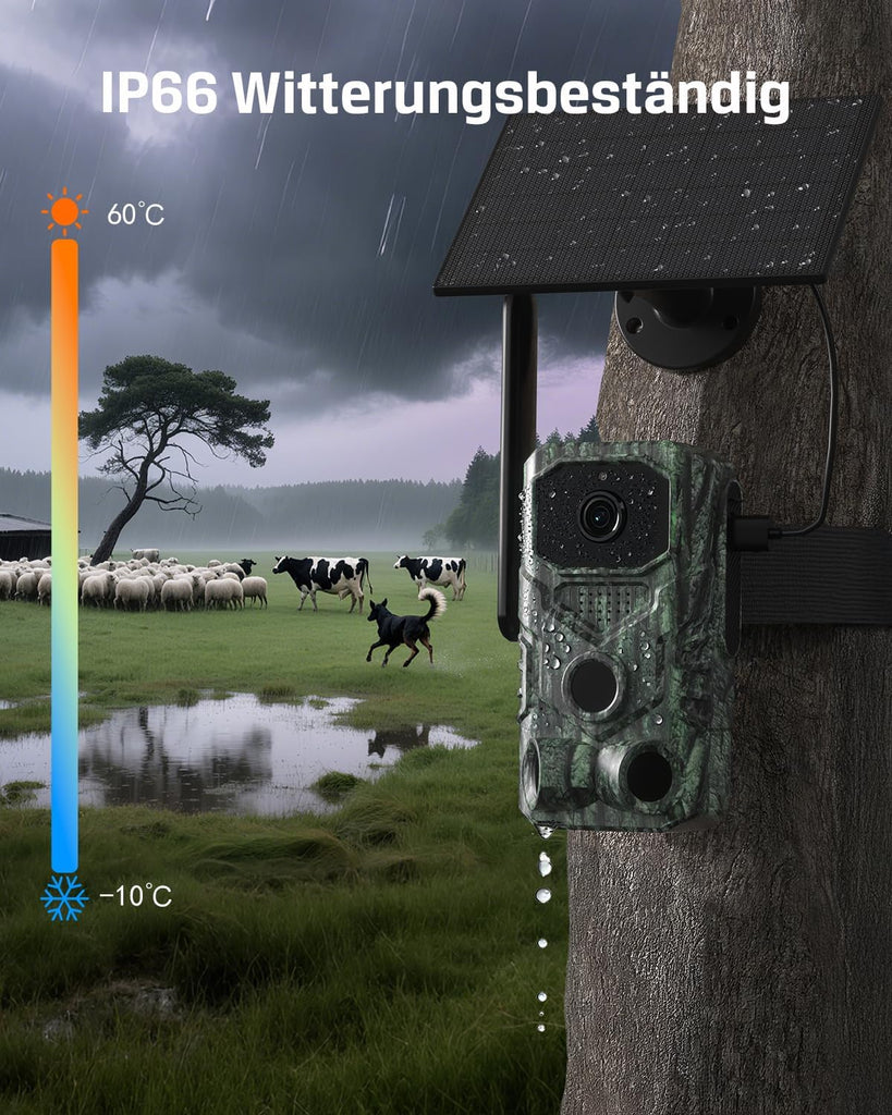 Xega 4G LTE trail camera: IP66 weatherproof, -10°C to 60°C. Features solar panel for outdoor use.
