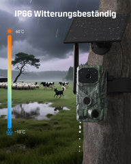 Xega 4G LTE trail camera: IP66 weatherproof, -10°C to 60°C. Features solar panel for outdoor use.