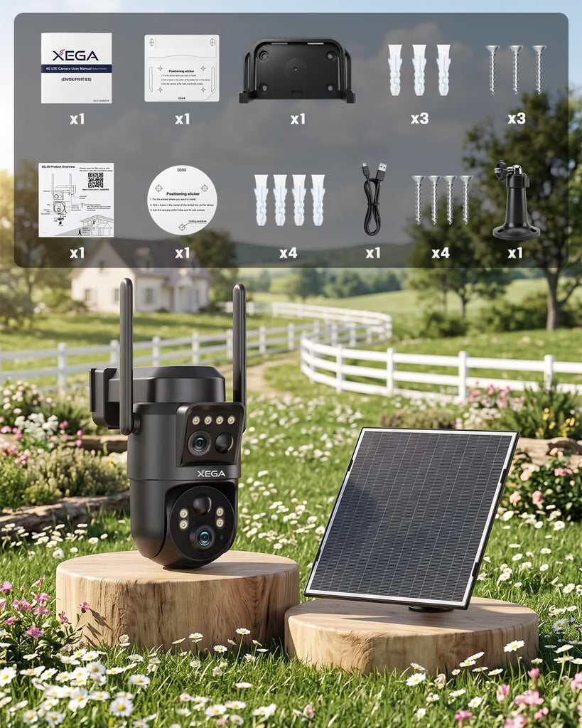 Xega 4G LTE Doppelte Linse Überwachungskamera Solar Ohne WLAN mit SIM-Karte.