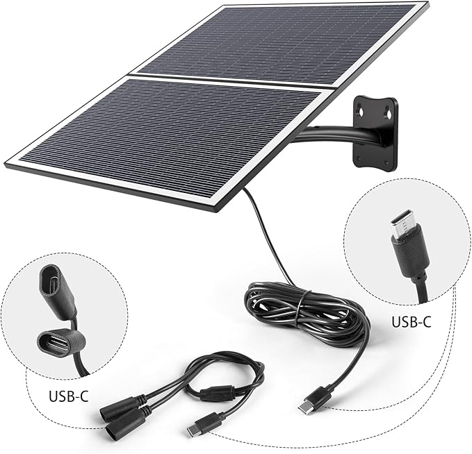 XEGA 20W Solarpanel schwarz mit Type-C Anschluss für Überwachungskamera, inklusive USB-C Kabel, 3 Meter