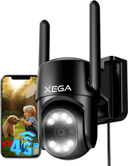 XEGA 4G LTE Überwachungskamera Aussen, schwarz, mit SIM-Karte, Kind und Hund auf dem Handy, 4G-Symbol