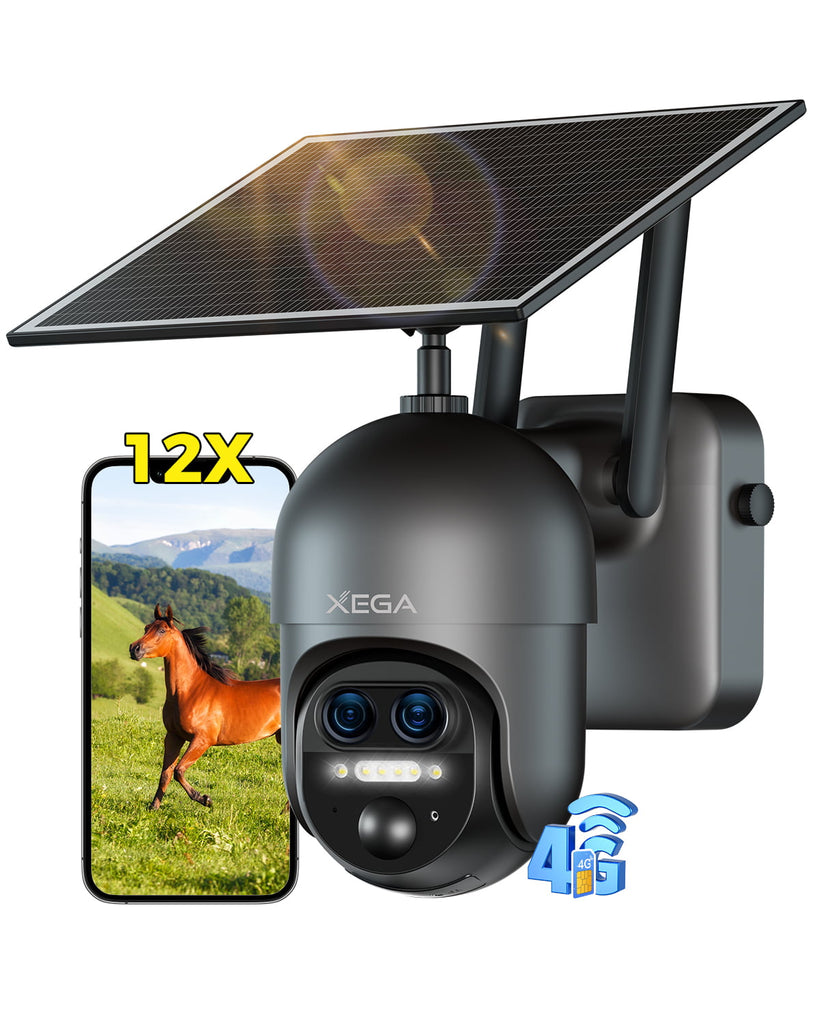 Xega XG-16 4G LTE 12X Hybrid-Zoom Überwachungskamera Aussen,2K PTZ Dual-Lens,10400mAh Battery,PIR/AI Humanoide Erkennung,30m Farbnachtsicht.