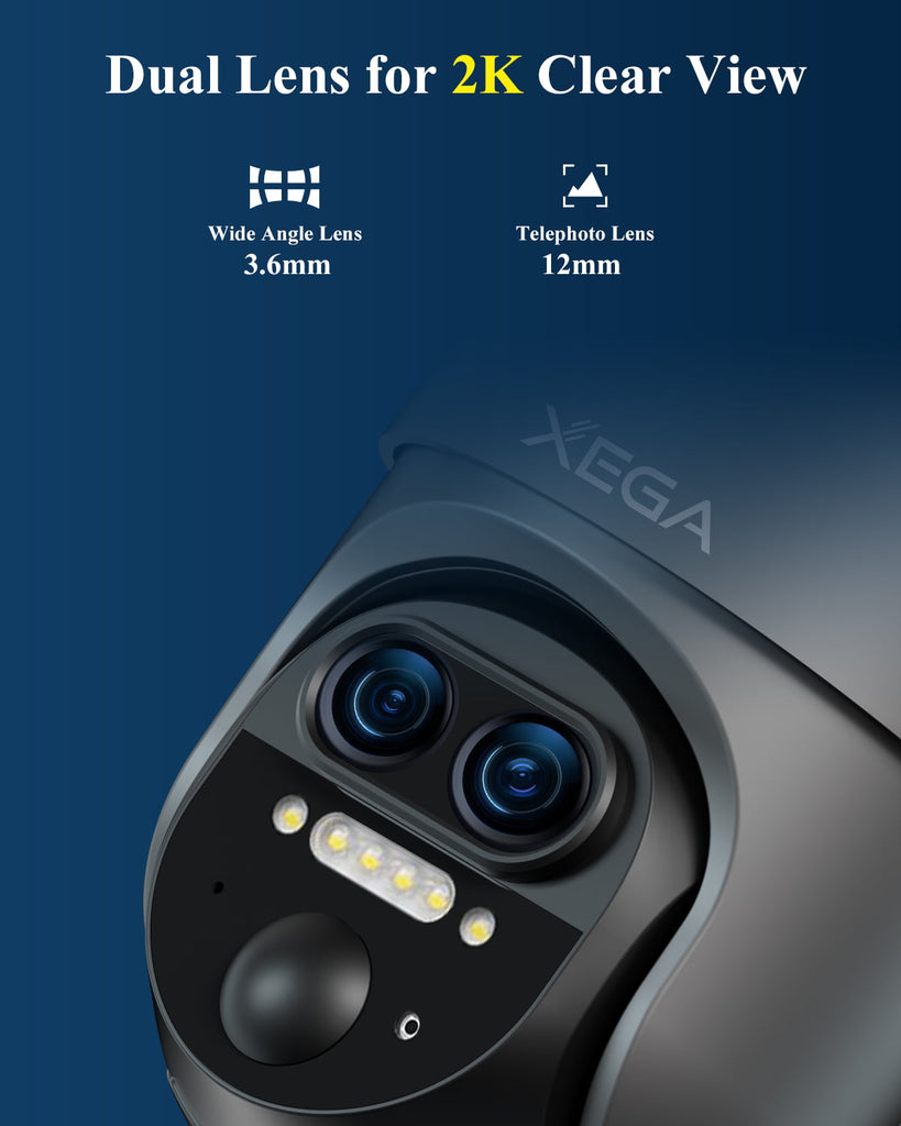 Xega XG-16 4G LTE 12X Hybrid-Zoom Überwachungskamera Aussen,2K PTZ Dual-Lens,10400mAh Battery,PIR/AI Humanoide Erkennung,30m Farbnachtsicht.