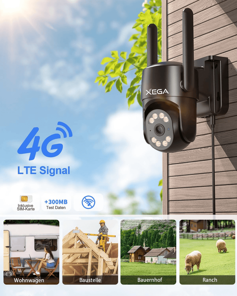 Xega XG-18 4G LTE Überwachungskamera Aussen, SIM-Karte inklusive, ideal für Wohnwagen, Baustelle, Bauernhof & Ranch