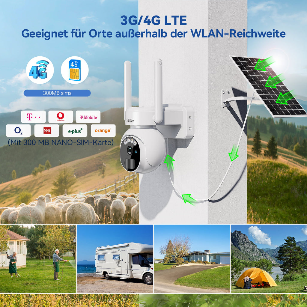 Xega 3G/4G LTE Überwachungskamera Aussen Solar mit SIM Karte -2K HD 3M –  de.xega