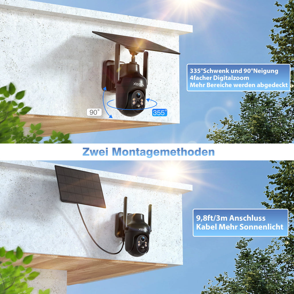 Xega Überwachungskamera Aussen, HD PTZ Kabellos IP Kamera Überwachung Außen Akku mit Solarpanel, IR-Nachtsicht, PIR Personenerkennung, 2 Wege Audio, IP66 Wasserdicht, 2,4GHz WiFi