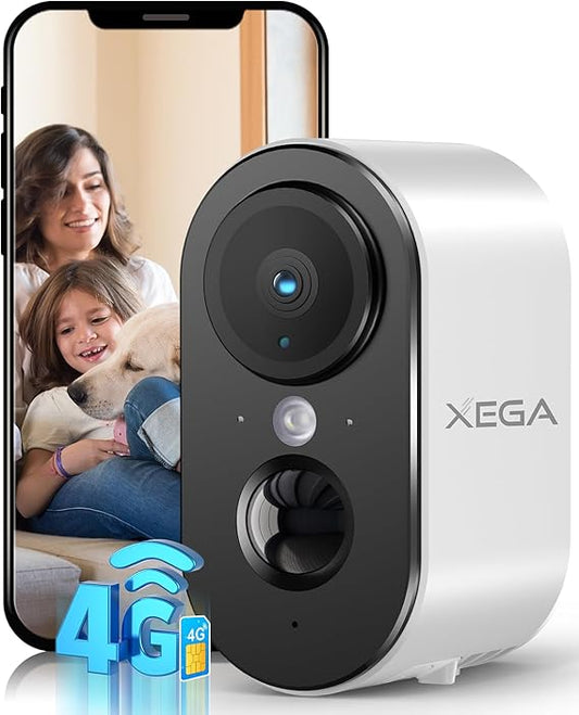 Xega 4G LTE indoor camera, 3MP HD, color night vision, family on phone screen.